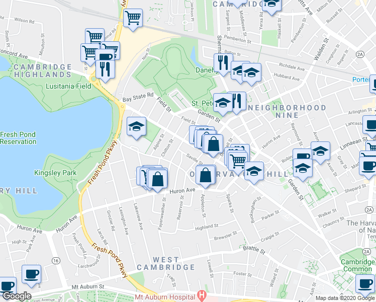 map of restaurants, bars, coffee shops, grocery stores, and more near in Cambridge