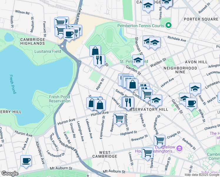 map of restaurants, bars, coffee shops, grocery stores, and more near in Cambridge
