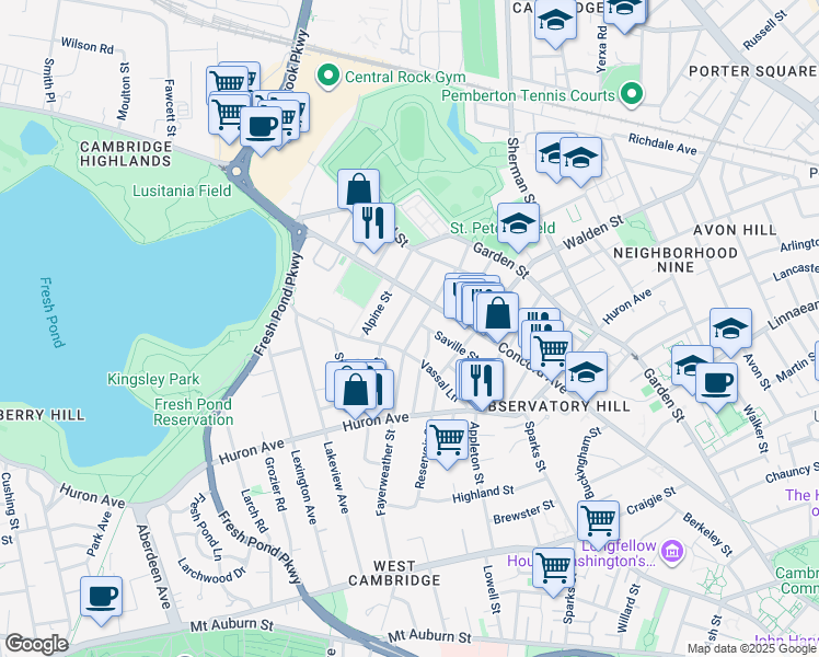 map of restaurants, bars, coffee shops, grocery stores, and more near in Cambridge