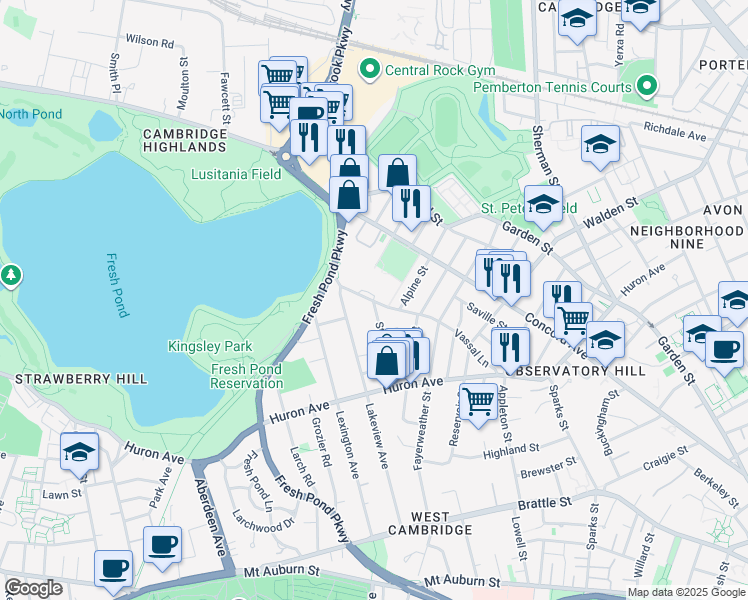 map of restaurants, bars, coffee shops, grocery stores, and more near 151 Vassal Lane in Cambridge
