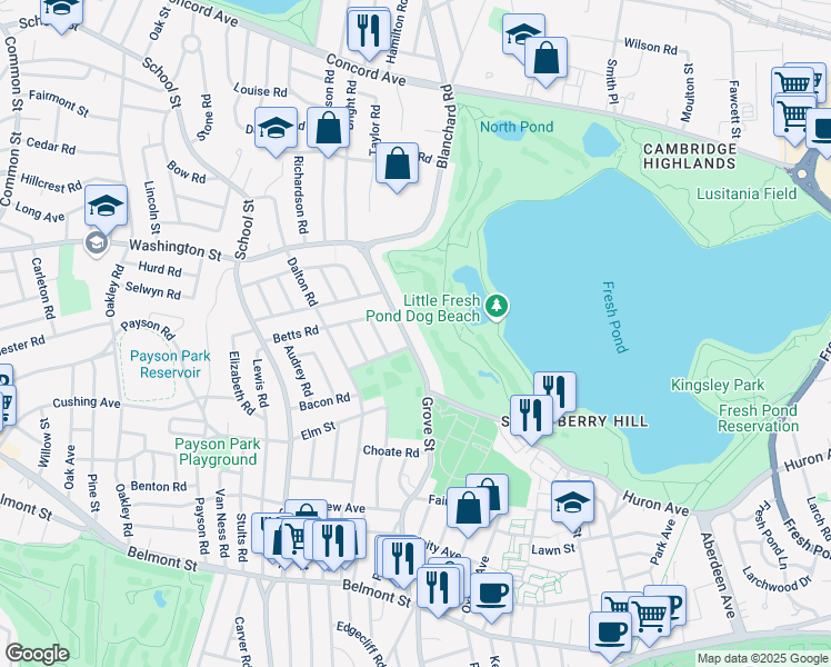 map of restaurants, bars, coffee shops, grocery stores, and more near 201 Grove Street in Cambridge