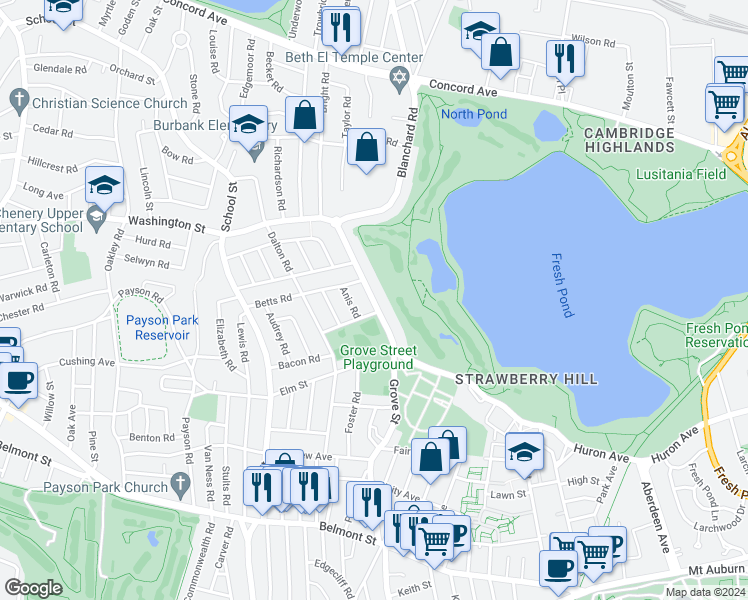 map of restaurants, bars, coffee shops, grocery stores, and more near 201 Grove Street in Cambridge
