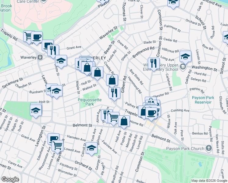 map of restaurants, bars, coffee shops, grocery stores, and more near 280 Trapelo Road in Belmont