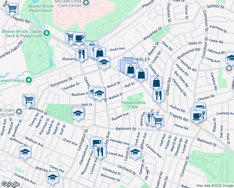 map of restaurants, bars, coffee shops, grocery stores, and more near 57 Maple Street in Belmont