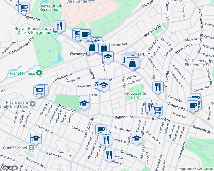 map of restaurants, bars, coffee shops, grocery stores, and more near 21 Beech Street in Belmont