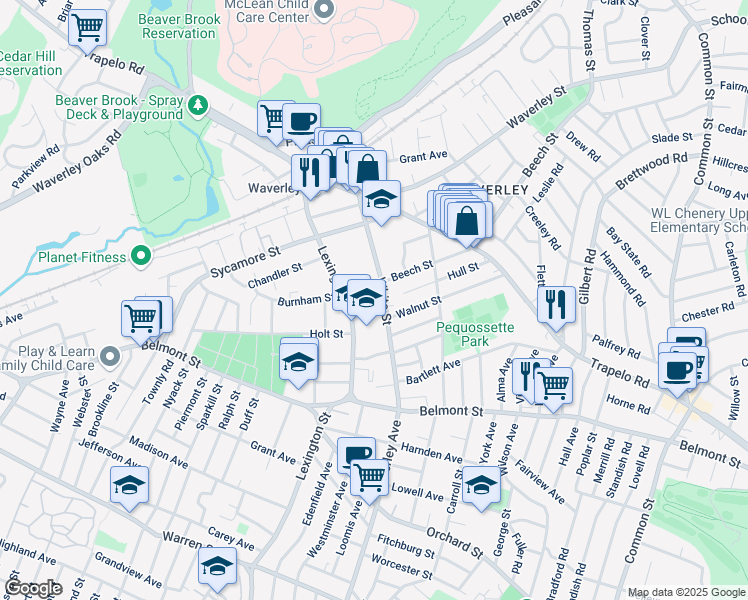 map of restaurants, bars, coffee shops, grocery stores, and more near 21 Beech Street in Belmont