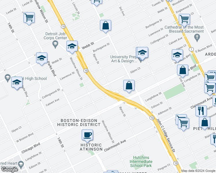 map of restaurants, bars, coffee shops, grocery stores, and more near 1251 Glynn Court in Detroit