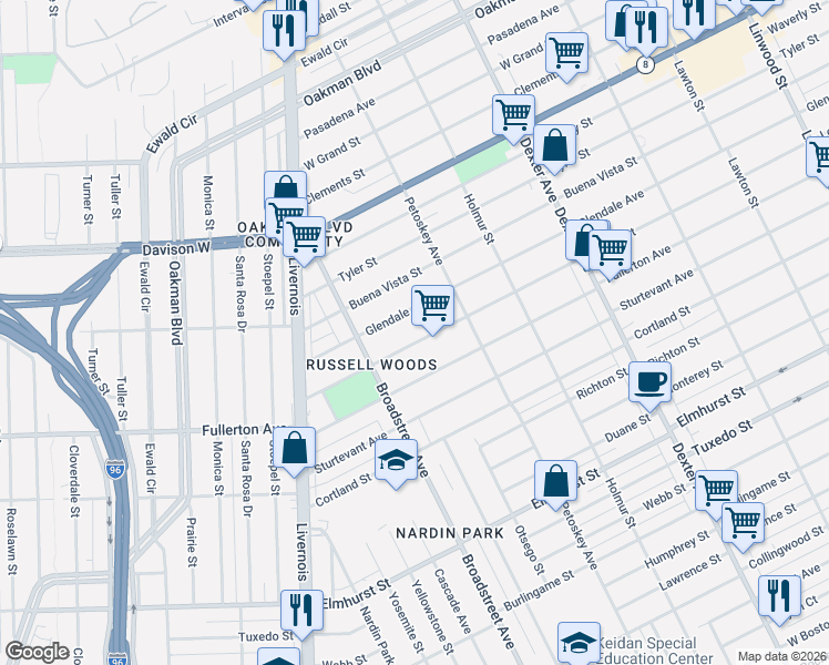 map of restaurants, bars, coffee shops, grocery stores, and more near 4284 Leslie Street in Detroit