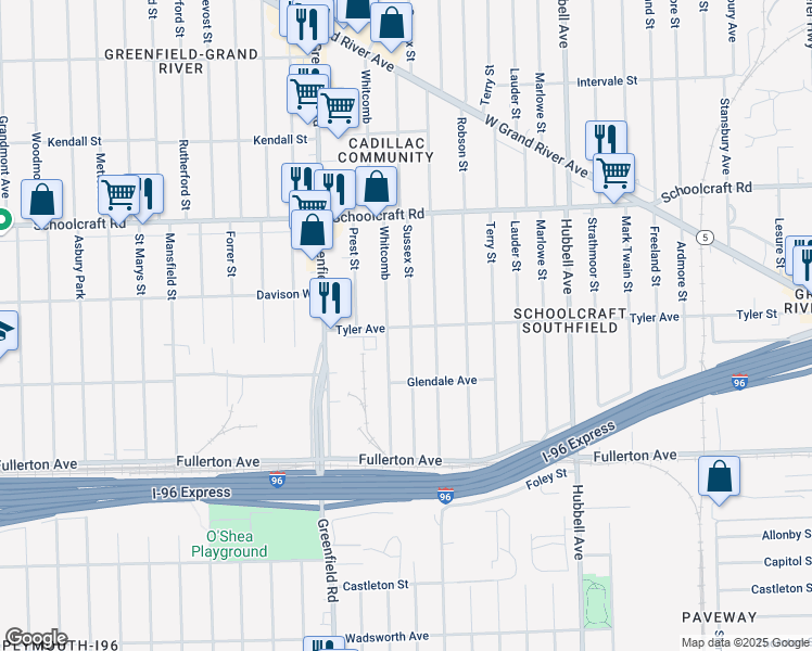 map of restaurants, bars, coffee shops, grocery stores, and more near 13200 Sussex Street in Detroit