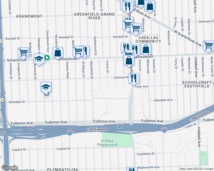 map of restaurants, bars, coffee shops, grocery stores, and more near 12915 Forrer Street in Detroit