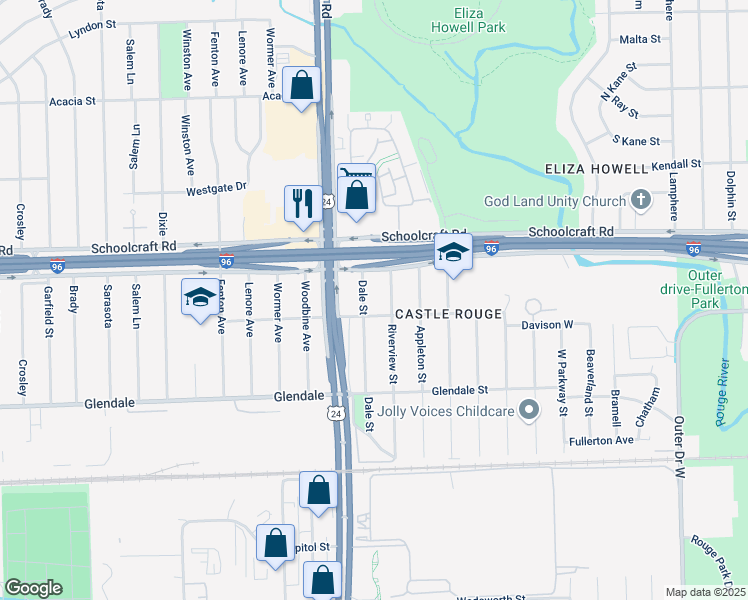 map of restaurants, bars, coffee shops, grocery stores, and more near 13535 Riverview Street in Detroit