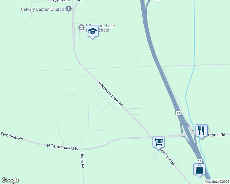 map of restaurants, bars, coffee shops, grocery stores, and more near 7210 Whitmore Lake Road in Whitmore Lake