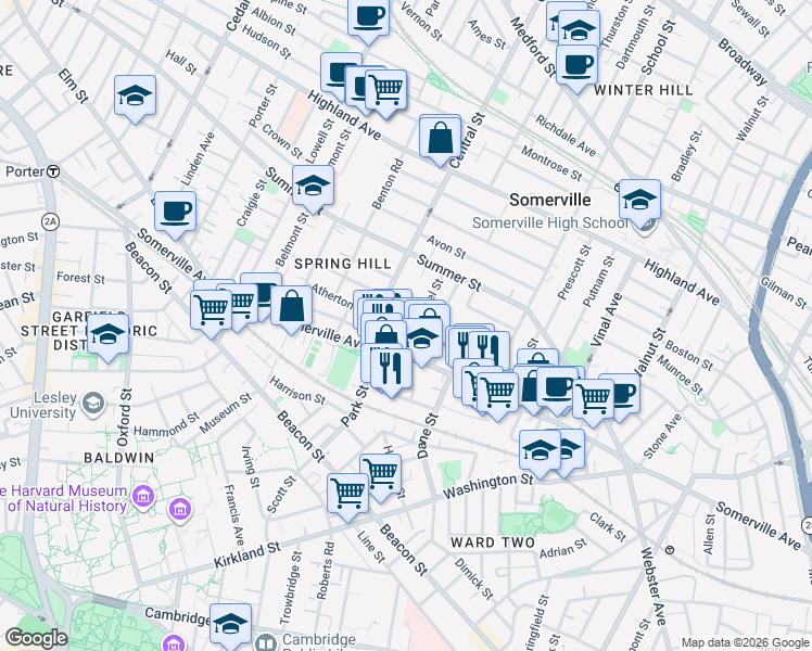 map of restaurants, bars, coffee shops, grocery stores, and more near 22 Laurel Street in Somerville