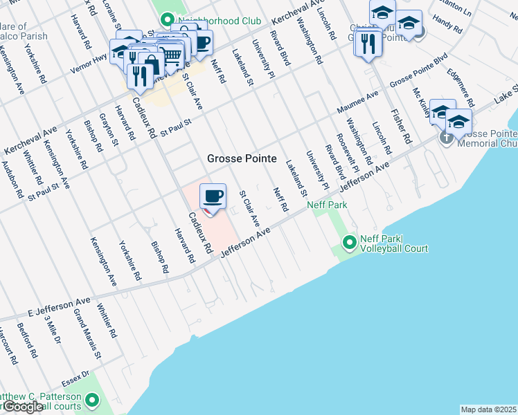map of restaurants, bars, coffee shops, grocery stores, and more near 378 Saint Clair Avenue in Grosse Pointe