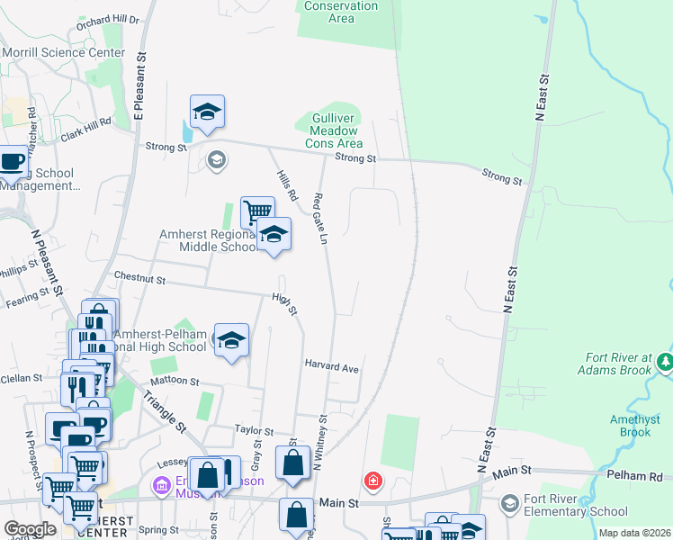 map of restaurants, bars, coffee shops, grocery stores, and more near 47 Red Gate Lane in Amherst