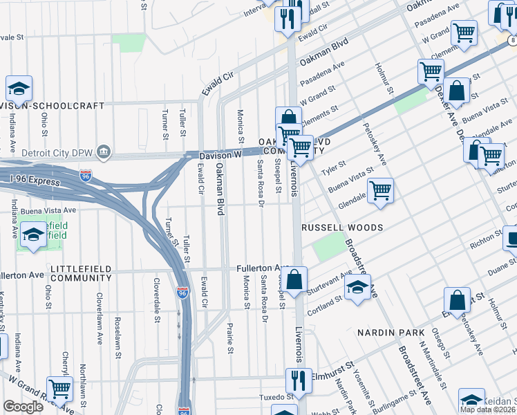 map of restaurants, bars, coffee shops, grocery stores, and more near 12795 Santa Rosa Drive in Detroit