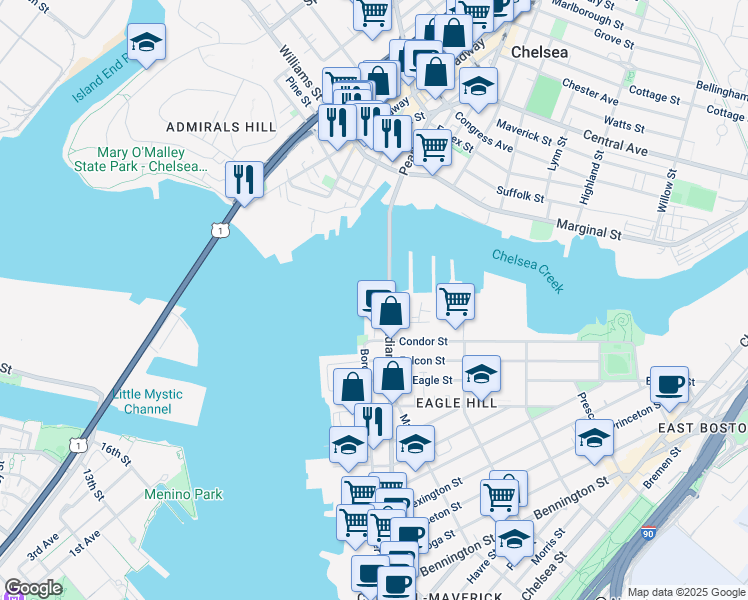 map of restaurants, bars, coffee shops, grocery stores, and more near 480 Meridian Street in Boston