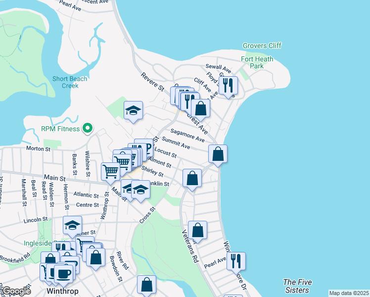 map of restaurants, bars, coffee shops, grocery stores, and more near 69 Summit Avenue in Winthrop