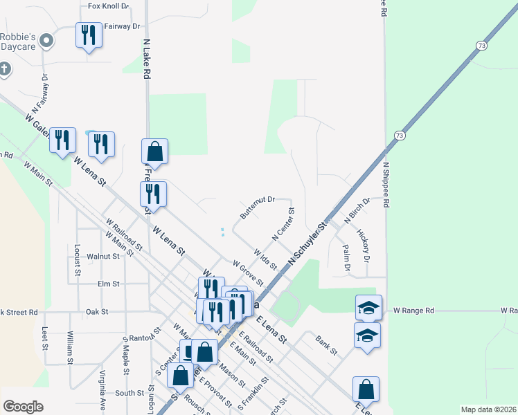 map of restaurants, bars, coffee shops, grocery stores, and more near 219 Butternut Drive in Lena