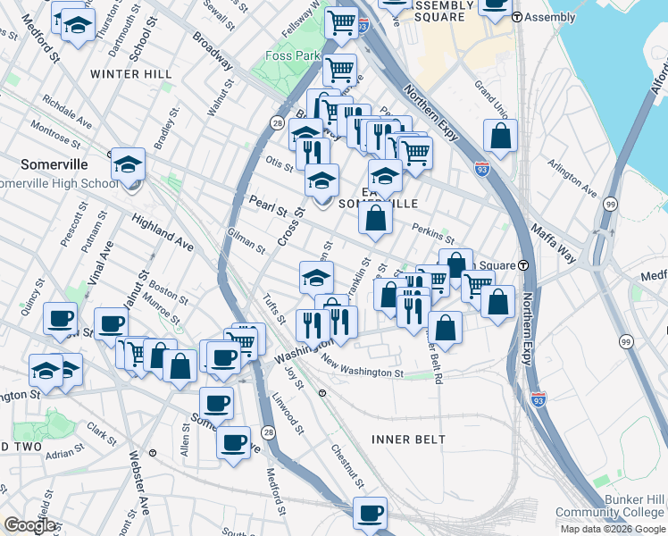 map of restaurants, bars, coffee shops, grocery stores, and more near 28 Flint Street in Somerville