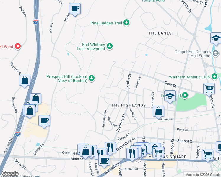 map of restaurants, bars, coffee shops, grocery stores, and more near 104 Summit Street in Waltham