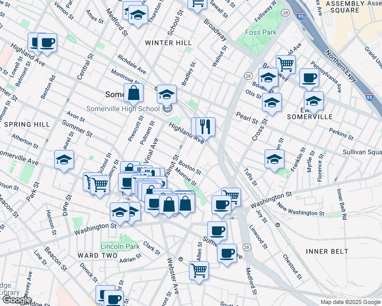 map of restaurants, bars, coffee shops, grocery stores, and more near 22 Thorpe Street in Somerville