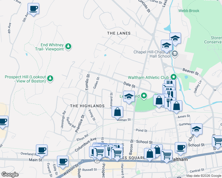 map of restaurants, bars, coffee shops, grocery stores, and more near 5 Lord Street in Waltham