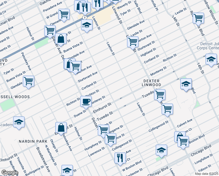 map of restaurants, bars, coffee shops, grocery stores, and more near 3045 Richton Street in Detroit