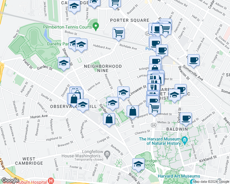 map of restaurants, bars, coffee shops, grocery stores, and more near 34 Bates Street in Cambridge
