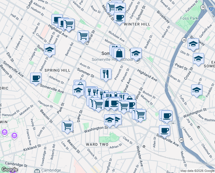 map of restaurants, bars, coffee shops, grocery stores, and more near 59 Summer Street in Somerville