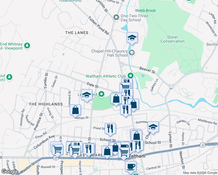map of restaurants, bars, coffee shops, grocery stores, and more near 63 Dale Street in Waltham