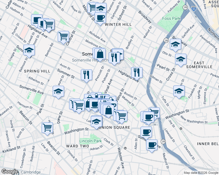 map of restaurants, bars, coffee shops, grocery stores, and more near 33 Vinal Avenue in Somerville