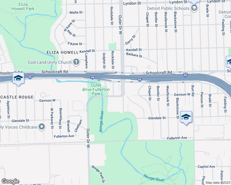 map of restaurants, bars, coffee shops, grocery stores, and more near 12654 Outer Drive West in Detroit