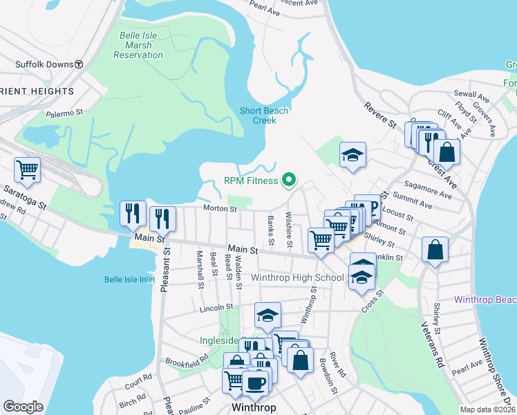 map of restaurants, bars, coffee shops, grocery stores, and more near 142 Morton Street in Winthrop