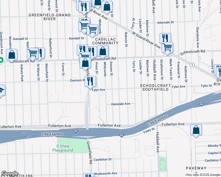 map of restaurants, bars, coffee shops, grocery stores, and more near 13200 Sussex Street in Detroit
