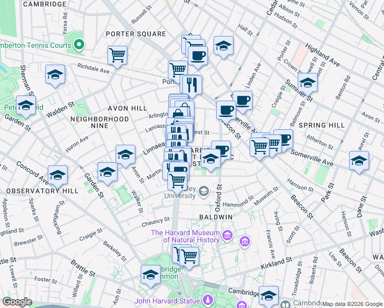 map of restaurants, bars, coffee shops, grocery stores, and more near in Cambridge