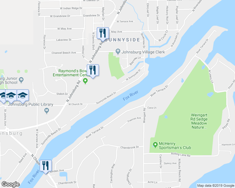 map of restaurants, bars, coffee shops, grocery stores, and more near 1509 Sunnyside Beach Drive in Johnsburg