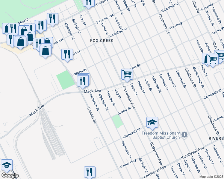 map of restaurants, bars, coffee shops, grocery stores, and more near 12820 Mack Avenue in Detroit