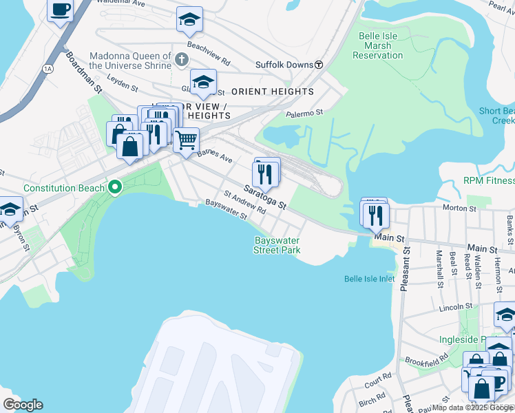 map of restaurants, bars, coffee shops, grocery stores, and more near 98 Saint Andrew Road in Boston