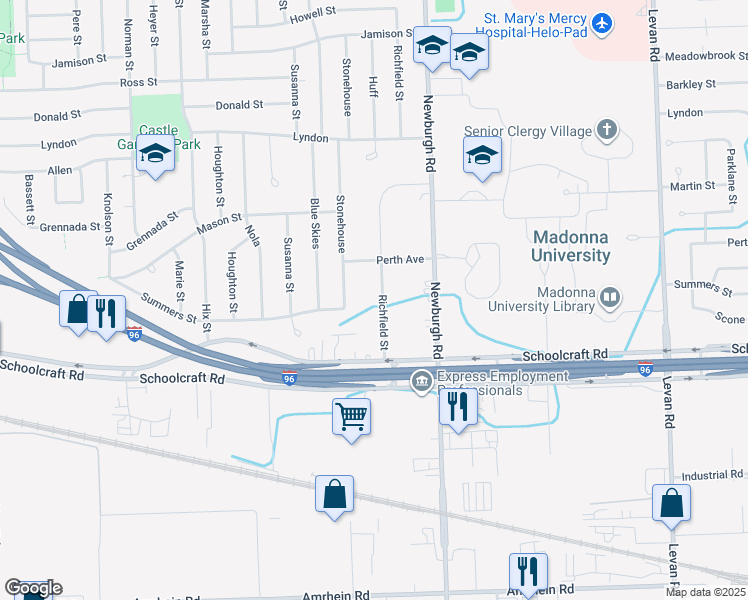 map of restaurants, bars, coffee shops, grocery stores, and more near 14075 Richfield Street in Livonia