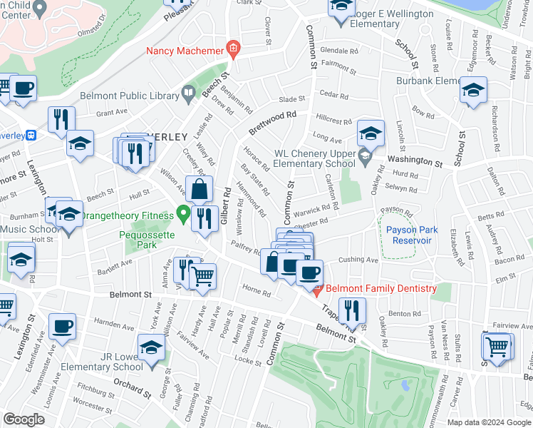 map of restaurants, bars, coffee shops, grocery stores, and more near 61 Hammond Road in Belmont