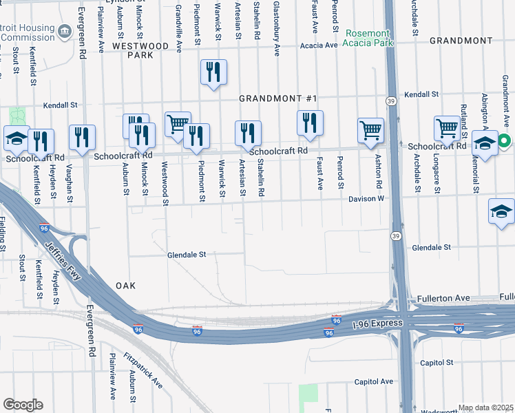 map of restaurants, bars, coffee shops, grocery stores, and more near 12951 Stahelin Road in Detroit