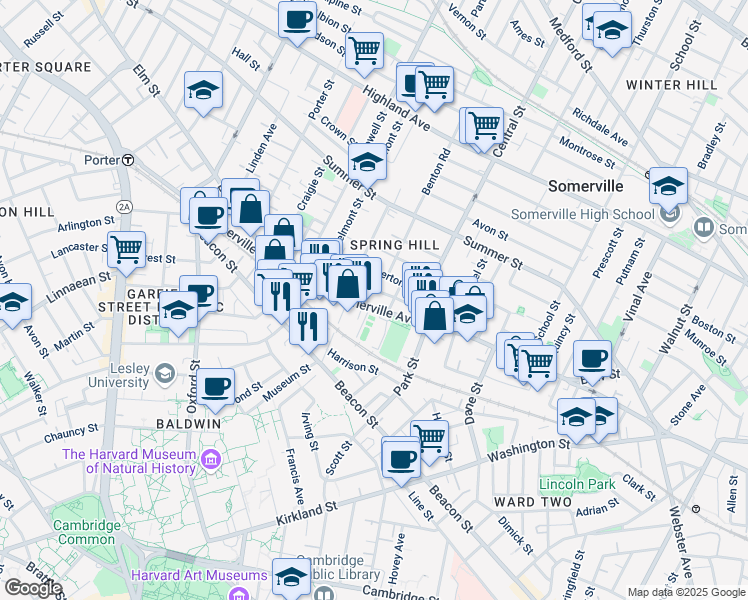 map of restaurants, bars, coffee shops, grocery stores, and more near 583 Somerville Avenue in Somerville