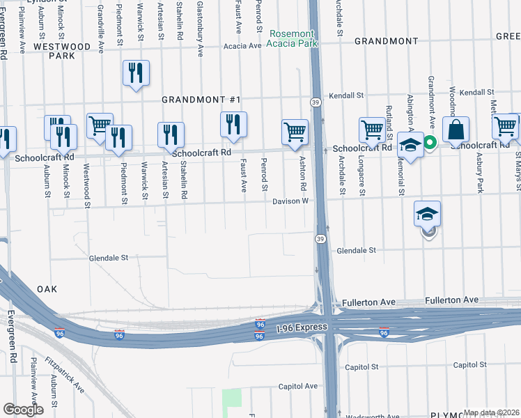 map of restaurants, bars, coffee shops, grocery stores, and more near 12948 Faust Avenue in Detroit