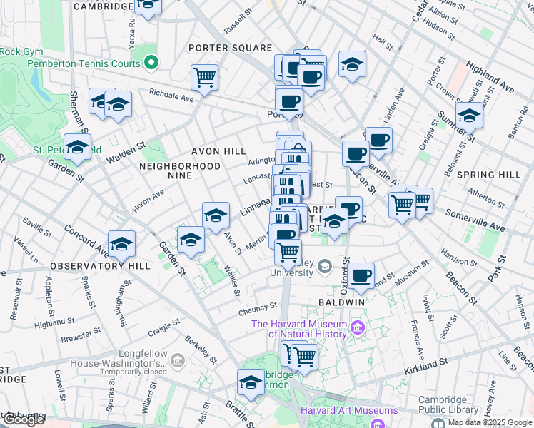 map of restaurants, bars, coffee shops, grocery stores, and more near 27 Hurlbut Street in Cambridge
