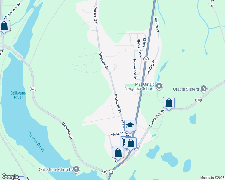 map of restaurants, bars, coffee shops, grocery stores, and more near 93 Prescott Street in West Boylston