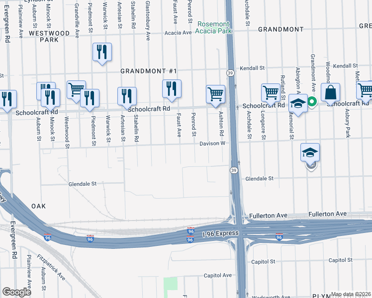 map of restaurants, bars, coffee shops, grocery stores, and more near 12948 Faust Avenue in Detroit