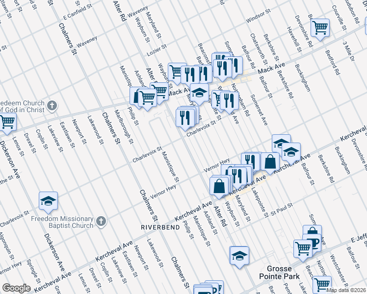 map of restaurants, bars, coffee shops, grocery stores, and more near 2641 Alter Road in Detroit