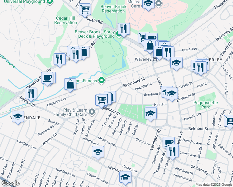 map of restaurants, bars, coffee shops, grocery stores, and more near 214 Sycamore Street in Watertown