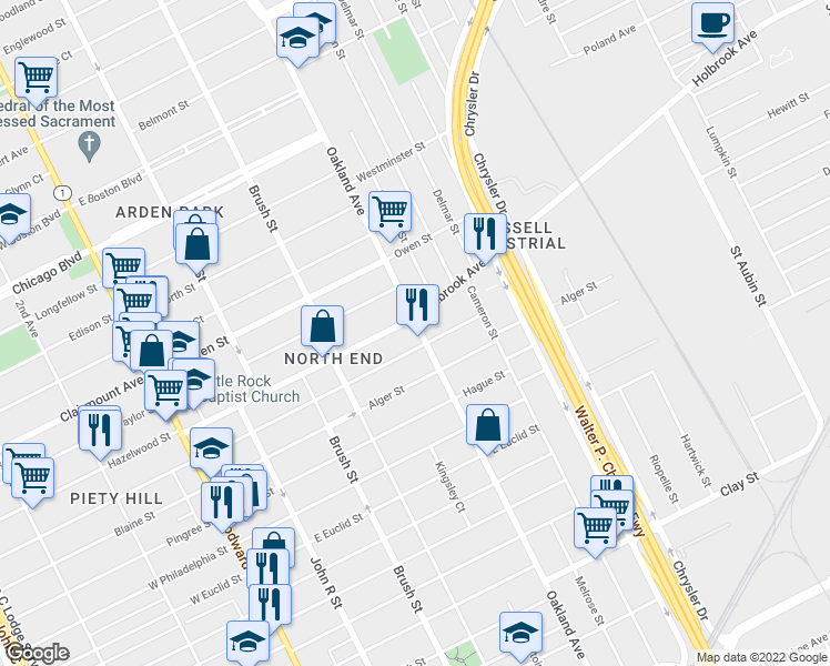 map of restaurants, bars, coffee shops, grocery stores, and more near 8837 Oakland Avenue in Detroit